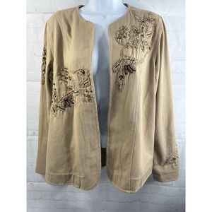 Laura Ashley Jacket Women's Small Beige Cotton. Open Front‎ Beaded Embroidered